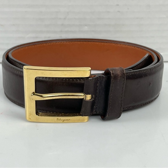 VTG Salvatore Ferragamo Men's Brown Leather Belt Size 30 Italy Gold Buckle Logo - Picture 1 of 8